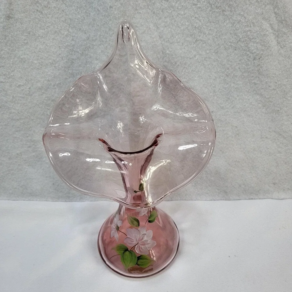 Fenton Pink Glass‎ Hand Painted Floral Ruffled Vase Signed 1991 USA